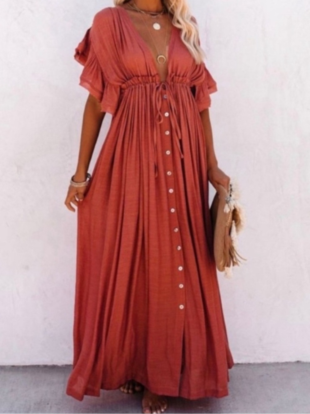 Flutter-Sleeve Lightweight Button-Front Maxi Sun Dress in Terracotta